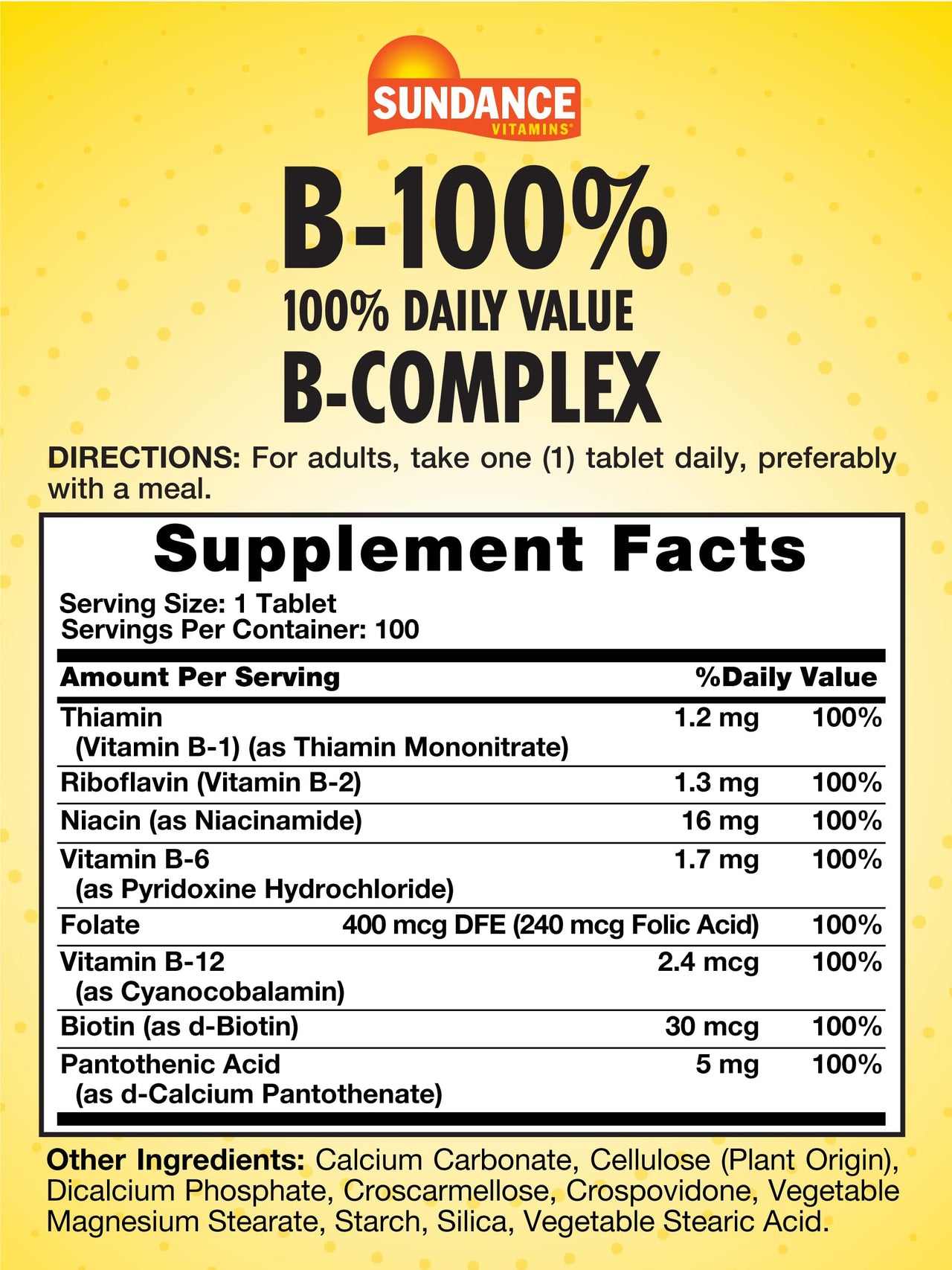 Sundance Vitamin B-Complex 100% Daily Value | 100 Tablets | Vegetarian, Non-GMO, and Gluten Free Supplement