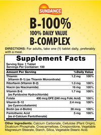 Thumbnail for Sundance Vitamin B-Complex 100% Daily Value | 100 Tablets | Vegetarian, Non-GMO, and Gluten Free Supplement