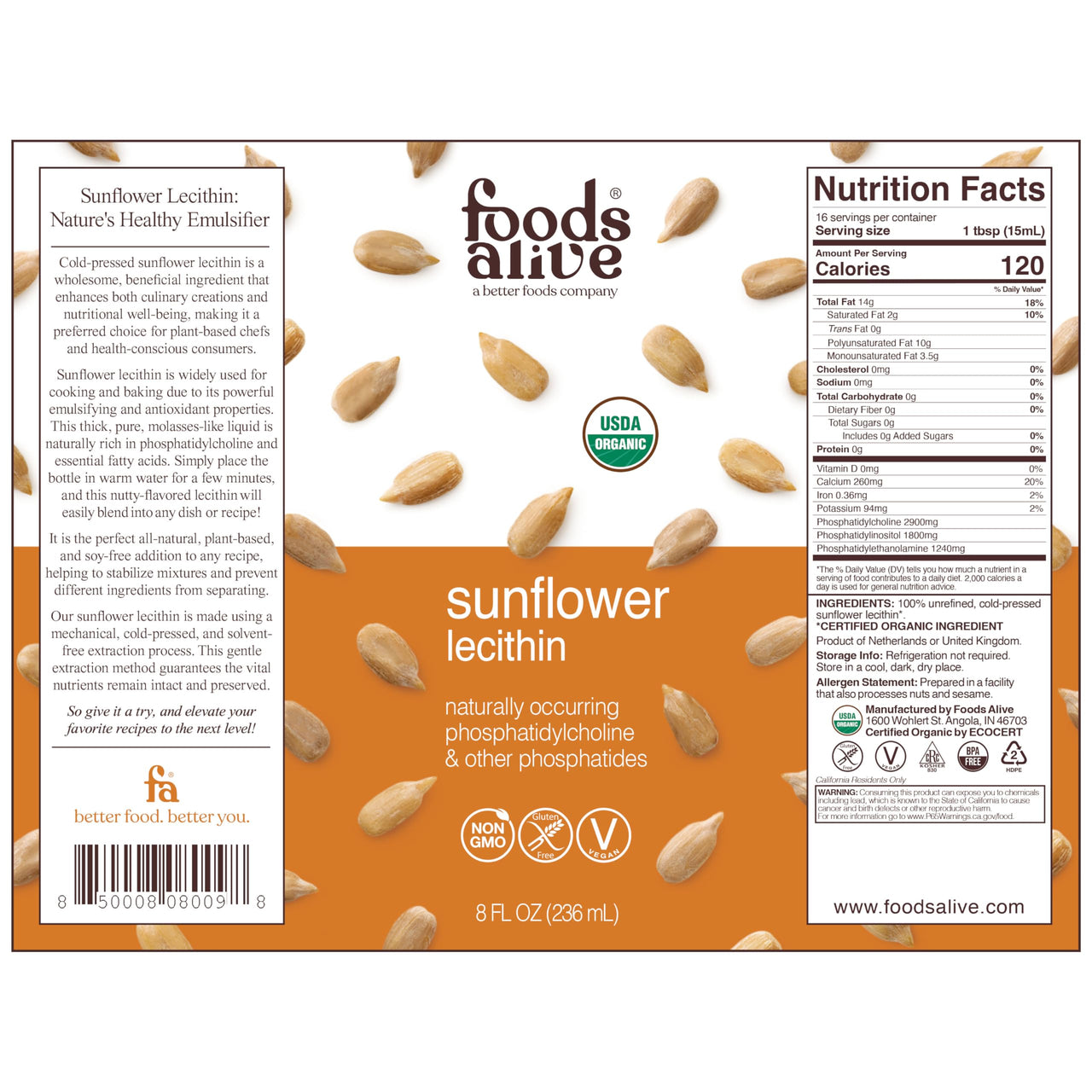 Foods Alive Organic Sunflower Lecithin Liquid, Cold-Pressed, Extra-Virgin, Unrefined, 8 Fl Oz (Pack of 1)