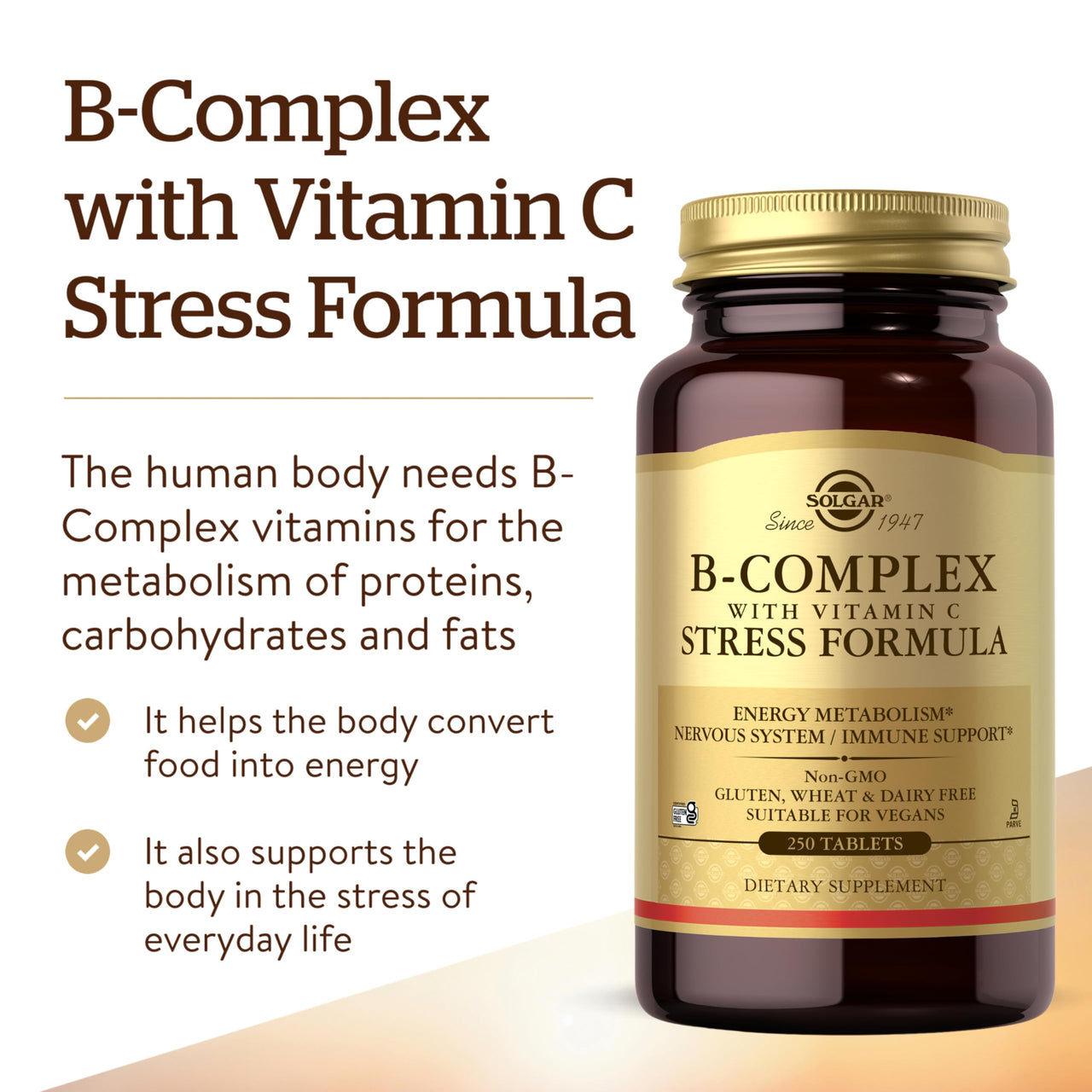 Solgar B-Complex with Vitamin C Stress Formula, 250 Tablets - Energy Metabolism, Nervous System & Immune Support - Non-GMO, Vegan, Gluten Free, Dairy Free, Kosher - 125 Servings