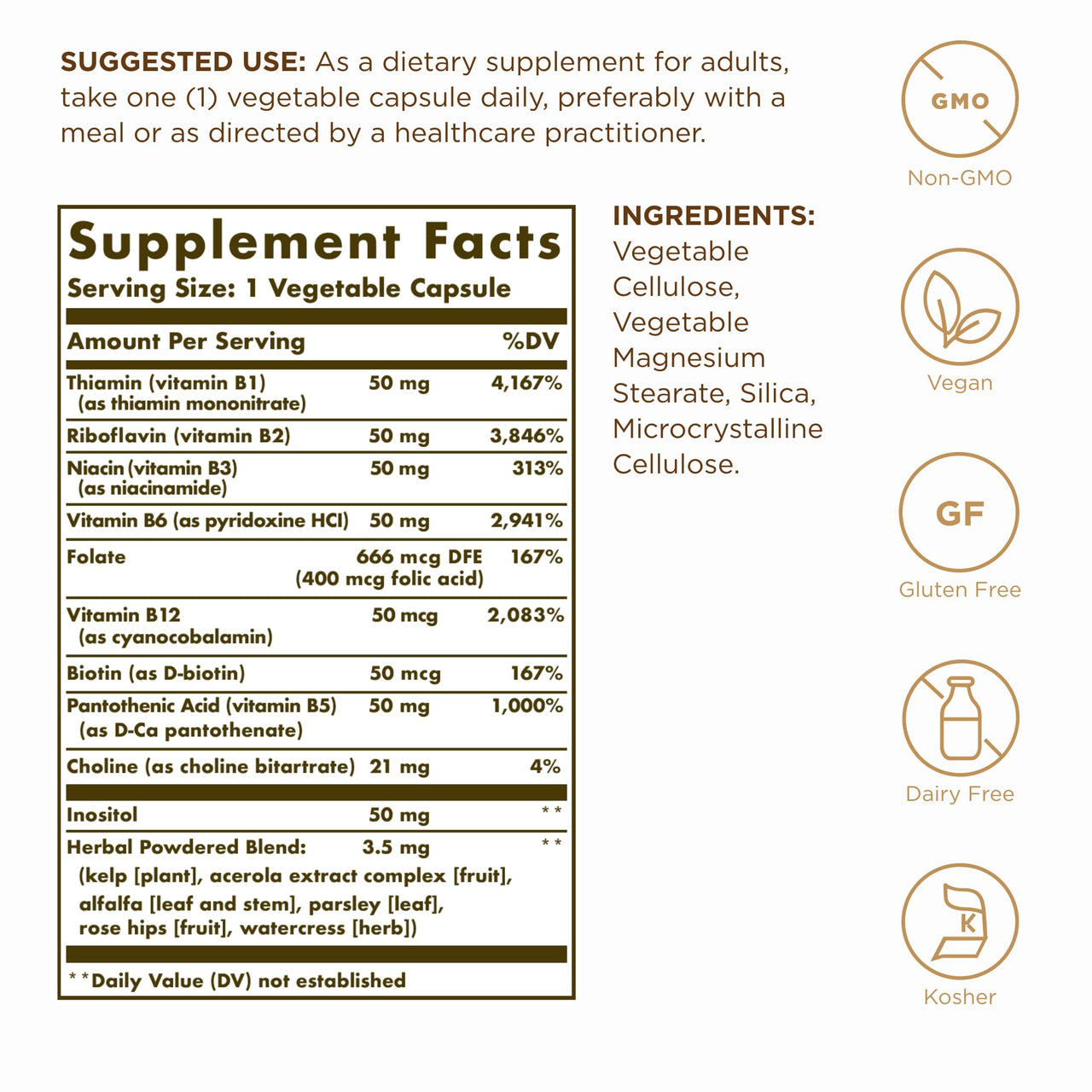 Solgar B-Complex "50" - 100 Vegetable Capsules - Energy Metabolism, Cardiovascular & Nervous System Support - Non-GMO, Vegan, Gluten Free - 100 Servings
