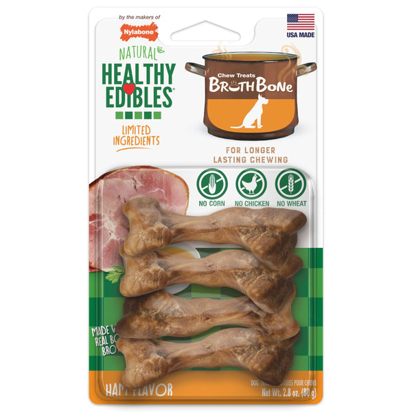 Nylabone Healthy Edibles Broth Bone Natural Dog Chews Long Lasting Treats Ham Flavor Small/Regular - Up to 25 Ibs. (4 Count)