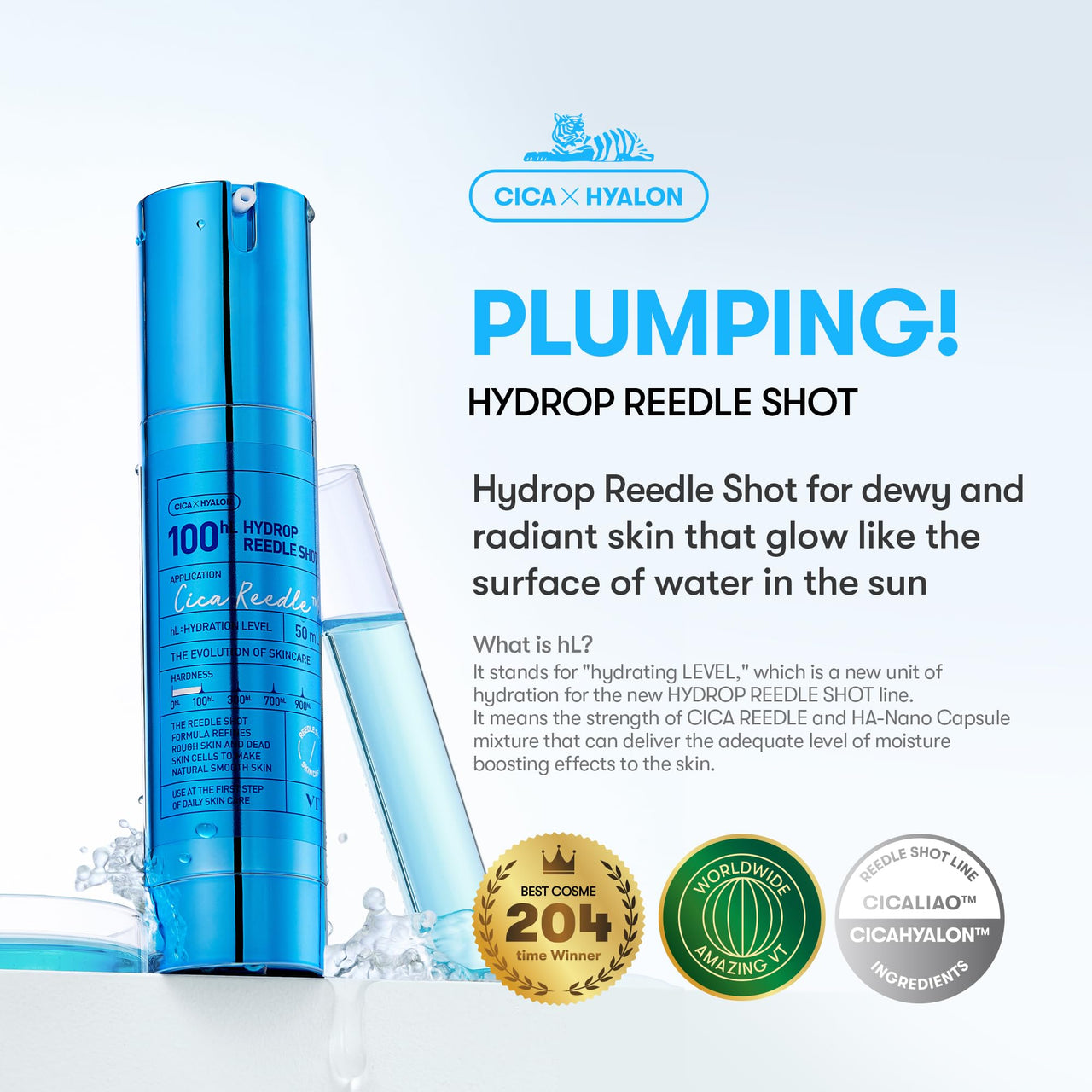 VT COSMETICS Hydrop Reedle Shot 100 Serum with Hyaluronic Acid & Hydrating Exosome Microneedling Formula, Korean Skin Booster, 1.69 fl oz(50ml)