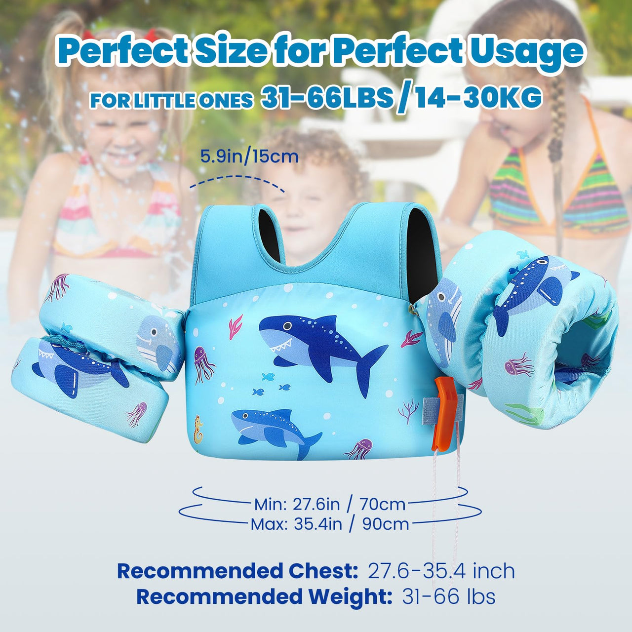 HeySplash Swim Vest for Kids, Toddler Pool Floaties Fit 31-66 Lbs, Children Swimming Vest with Adjustable Strap, Swim Jacket Water Wing Arm Float, Puddle Beach Boat Jumper Boy Girl Age 2-7,Blue Shark