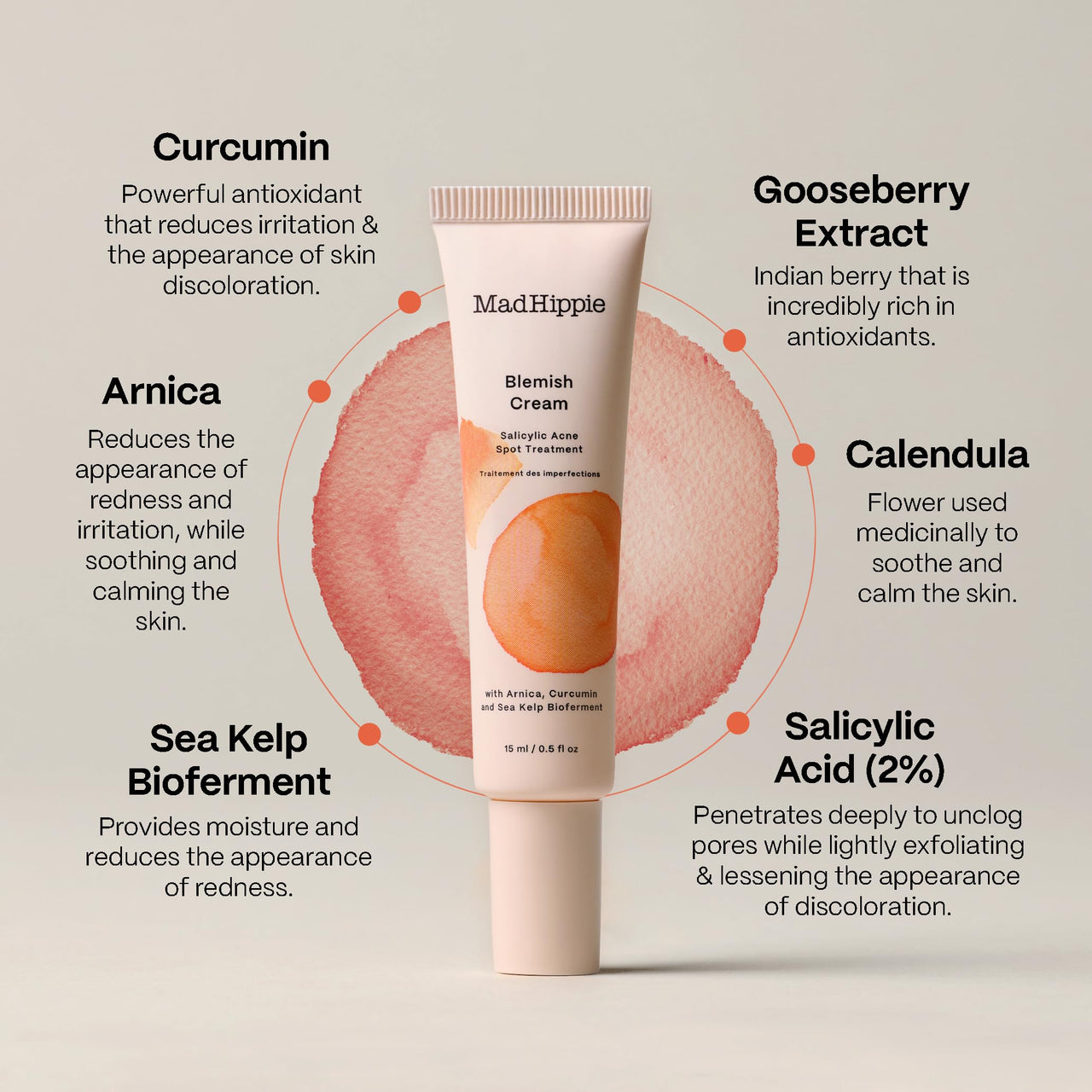 Mad Hippie Blemish Cream – Acne Spot Treatment with 2% Salicylic Acid and Redness Reducing Arnica, Curcumin, and Calendula, 0.5 Oz