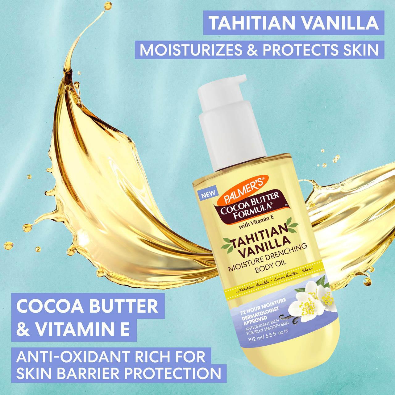 Palmer's Cocoa Butter Formula Body Oil, Moisture Drenching Tahitian Vanilla, 6.5 Oz, 72Hr Hydration with Shea Butter & Vitamin E for Softer Skin, Protects & Soothes Dryness, Dermatologist Approved