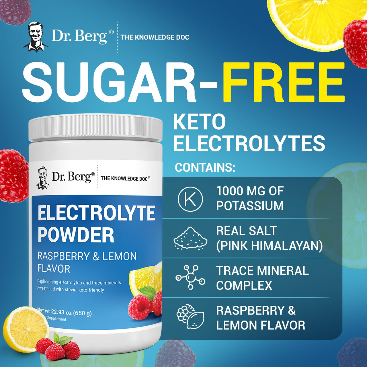 Dr. Berg Zero Sugar Hydration Keto Electrolyte Powder - Enhanced w/ 1000 mg of Potassium & Real Pink Himalayan Salt (NOT Table Salt) - Raspberry & Lemon Flavor Hydration Drink Supplement, 100 Servings