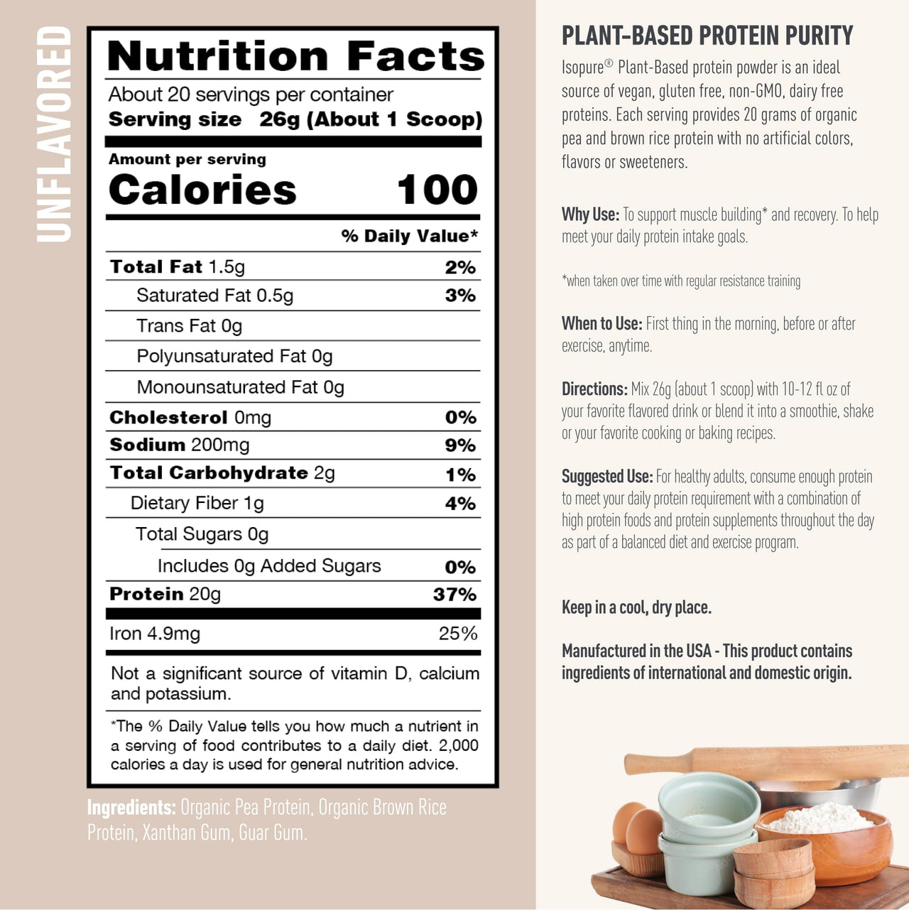 Isopure Unflavored Vegan Protein Powder, with Amino Acids, Post Workout Recovery, Sugar Free, Plant Based, Organic Pea Protein, Dairy Free, 20 Servings (Packaging May Vary)