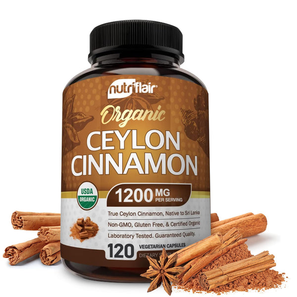 NutriFlair Organic Ceylon Cinnamon Supplement 1200mg, 120 Capsules - USDA Certified - Non-GMO, Gluten Free Powder, Antioxidant Pills