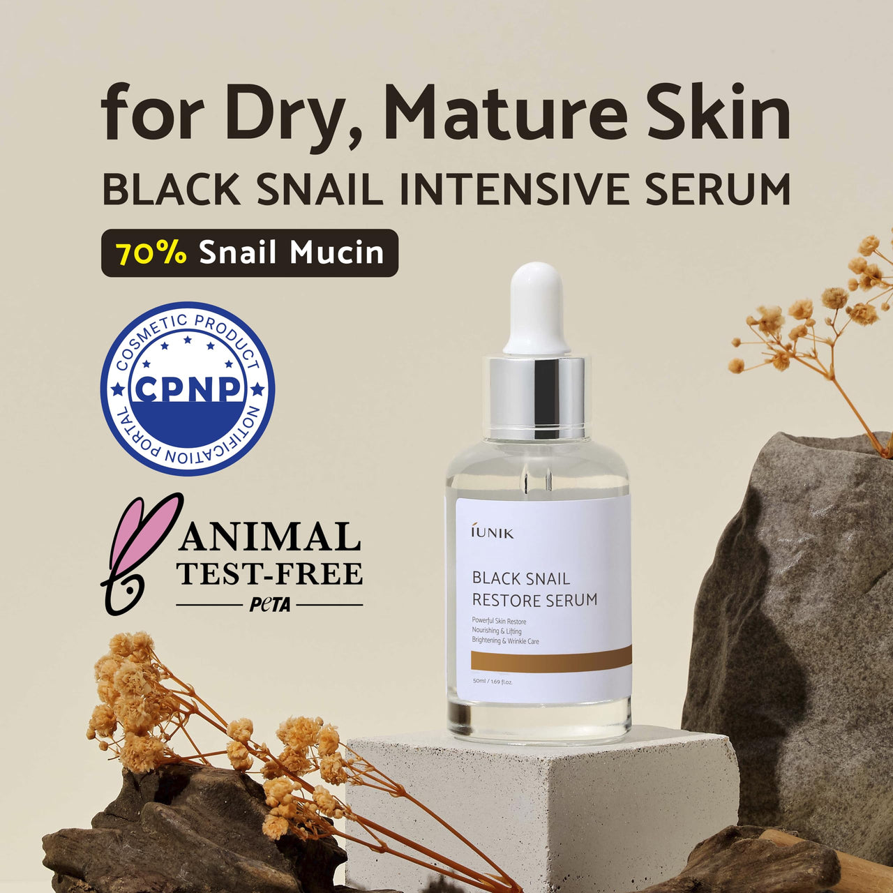 IUNIK Black Snail Serum 70% w/Centella Asiatica Essence | Hydration Dark Spots Fine Lines | Oily Sensitive Acne-Prone Skin Korean Skincare No Pore Clogging