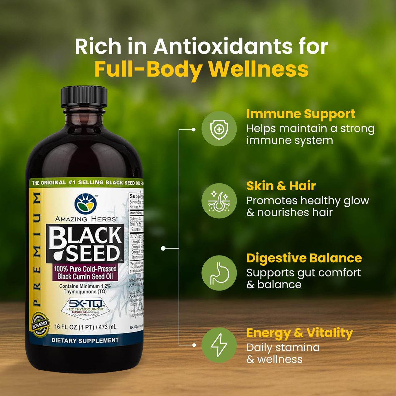 Amazing Herbs Premium Black Seed Oil - Cold Pressed Nigella Sativa Aids in Digestive Health, Immune Support, Brain Function, Joint Mobility, Gluten Free, Non GMO - 16 Fl Oz