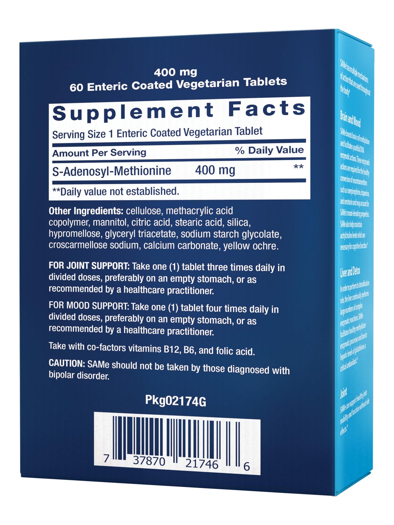 Life Extension Same, S-Adenosyl-Methionine, 400 mg, Best-Selling Mood Health, Liver Health and Joint Support Supplement, Non-GMO, Vegetarian, Gluten Free, 60 enteric-Coated Tablets