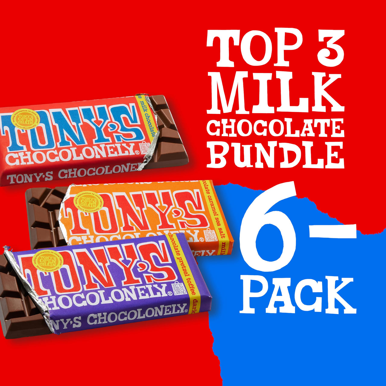 Tony's Chocolonely - Top 3 Milk Chocolate Bundle - Belgium Chocolate Bar, No Artificial Flavoring, Made From Fairtrade & B Corp Certified - 6.35 Oz, 6 Bars