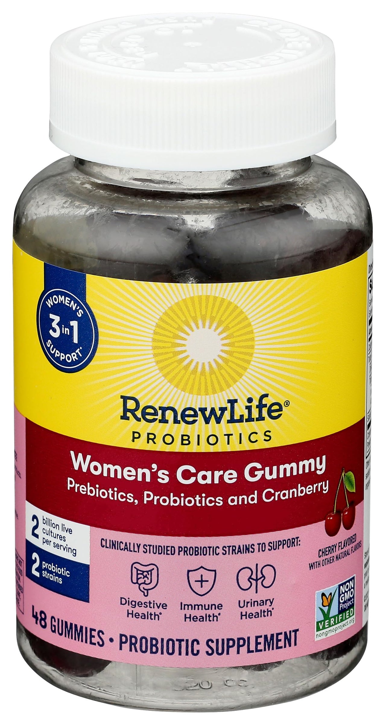 Renew Life Women's Care Cherry Prebiotic and Probiotic Gummies, Digestive, Urinary Tract and Immune Health, B. Coagulans and B. Subtilis, Dairy, Soy and gluten-free, 2 Billion CFU 48 Count