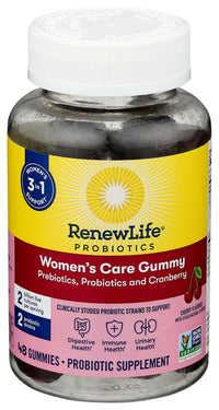 Thumbnail for Renew Life Women's Care Cherry Prebiotic and Probiotic Gummies, Digestive, Urinary Tract and Immune Health, B. Coagulans and B. Subtilis, Dairy, Soy and gluten-free, 2 Billion CFU 48 Count
