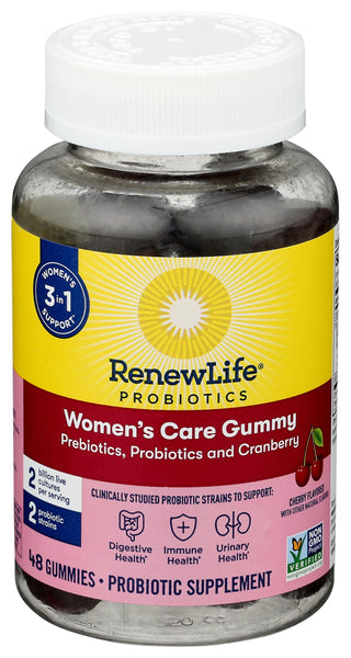 Renew Life Women's Care Cherry Prebiotic and Probiotic Gummies, Digestive, Urinary Tract and Immune Health, B. Coagulans and B. Subtilis, Dairy, Soy and gluten-free, 2 Billion CFU 48 Count