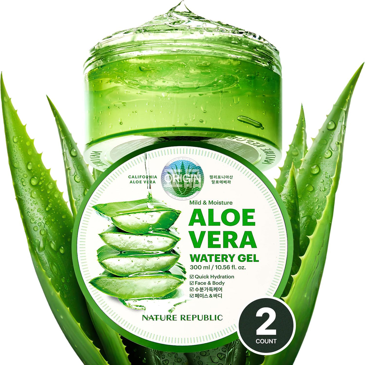 Nature Republic Mild & Moisture Aloe Vera Watery Gel (2 PCS) | Hydrating & Moisturizing, Fast-Absorbing Non-Sticky, Aftersun & Aftershave Soothing Gel for Face & Hair, Korean Skincare, All Skin Types