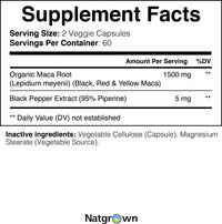 Thumbnail for Natgrown Organic Maca Root Powder Capsules - Black, Red & Yellow - 1500 mg per Serving - Gelatinized Peruvian Maca Supplement - Non-GMO, Gluten-Free, Vegan - (120 Count)
