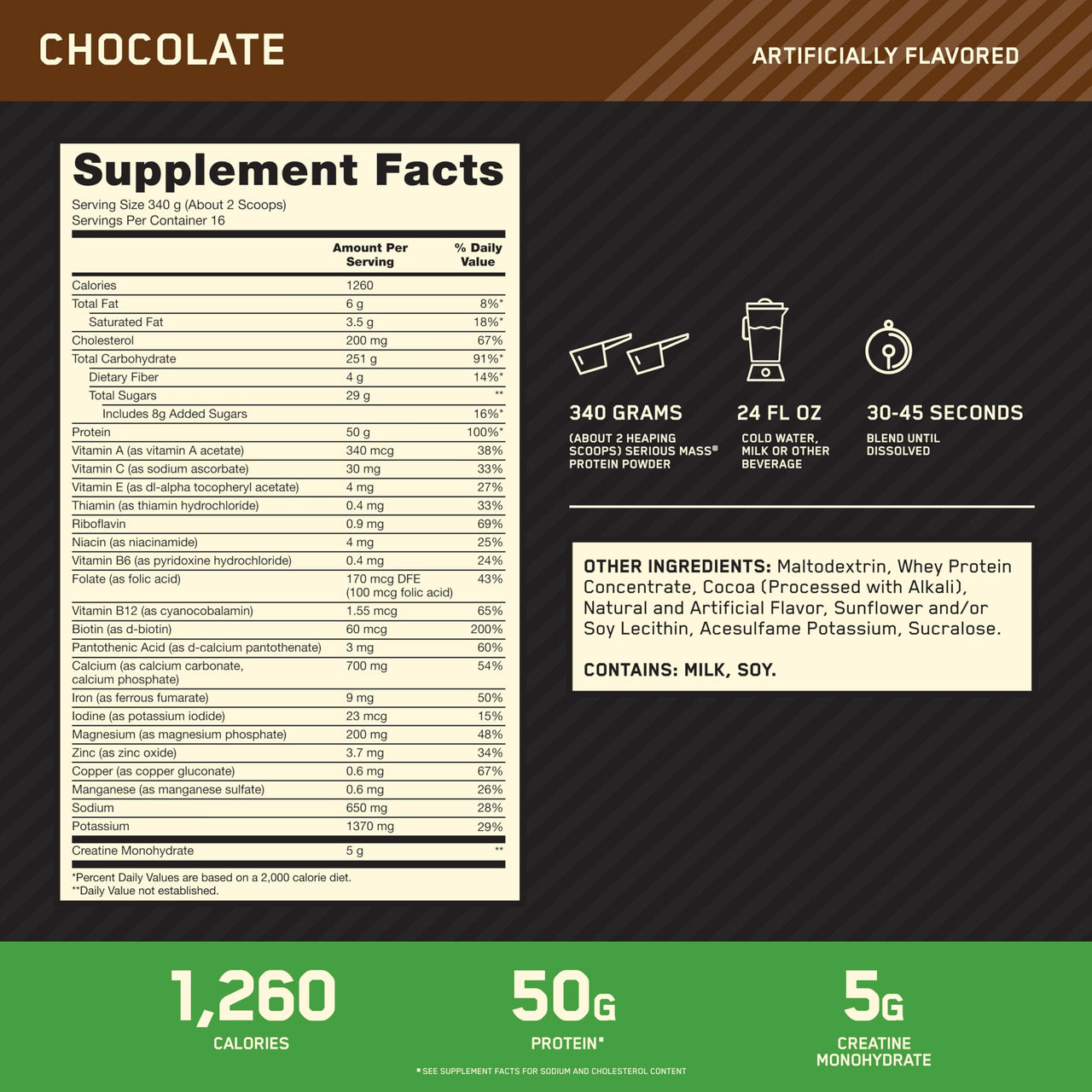 Optimum Nutrition Serious Mass, Weight Gainer Protein Powder, Mass Gainer, Vitamin C and Zinc for Immune Support, Creatine, Chocolate, 6 Pound (Packaging May Vary)