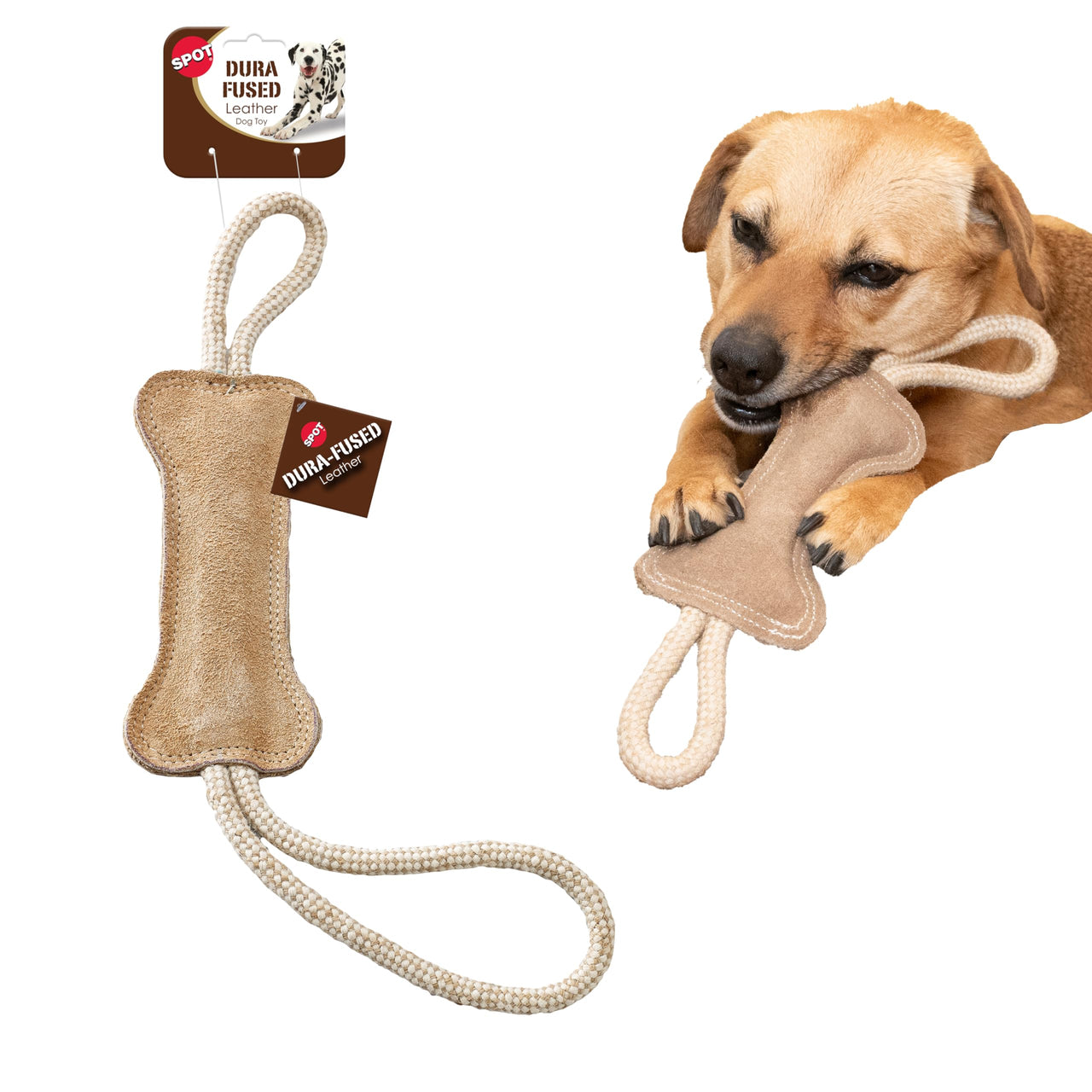 SPOT Dura-Fused Leather Bone Tug Dog Toy – Durable Real Leather & Jute Chew Toy with Double Rope Handles & Squeaker, For Moderate Chewers, 18in