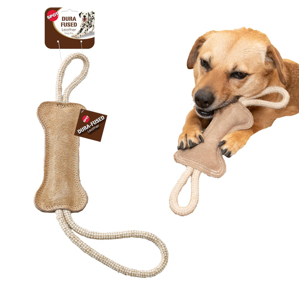 SPOT Dura-Fused Leather Bone Tug Dog Toy – Durable Real Leather & Jute Chew Toy with Double Rope Handles & Squeaker, For Moderate Chewers, 18in
