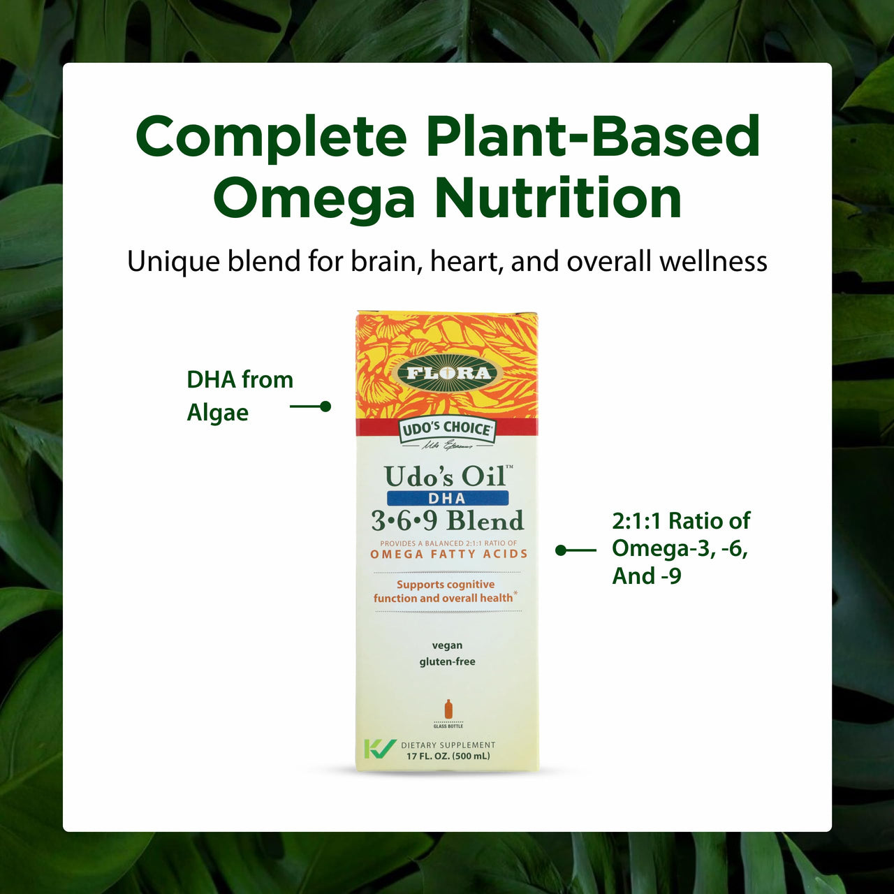 Flora - Udo's Oil DHA 3-6-9 Blend - Vegetarian Eye & Brain Health Supplement - Omega-3 & Omega-6 - Contains Sunflower & Flax Seed Oil - Kosher & Organic - Keep Chilled - 17 fl. oz.