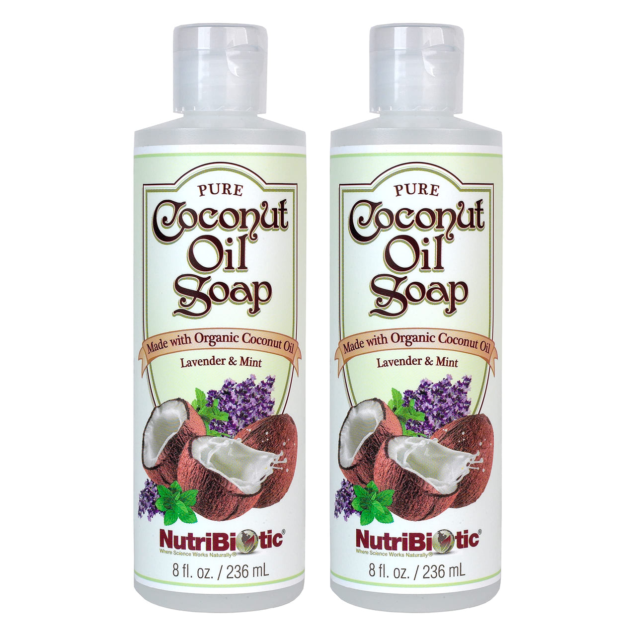 NutriBiotic – Pure Coconut Oil Soap, Lavender & Mint, 8 Oz Twin Pack | Certified Organic, Unrefined, Biodegradable | Vegan & Made without GMOs, Gluten or Parabens | Thin, Liquid Castille Soap