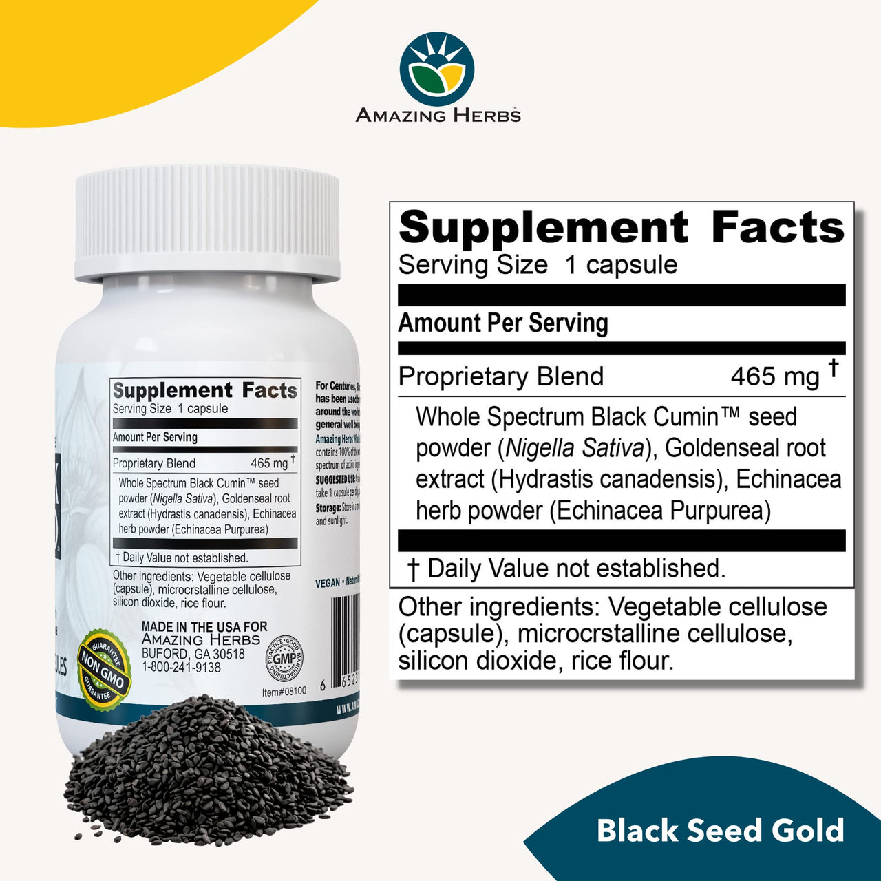 Amazing Herbs Whole Spectrum Black Seed Gold - Black Cumin Seed with Goldenseal & Echinacea, Gluten-Free & Non-GMO, Immune Support, Promotes Health & Wellness - 60 Count
