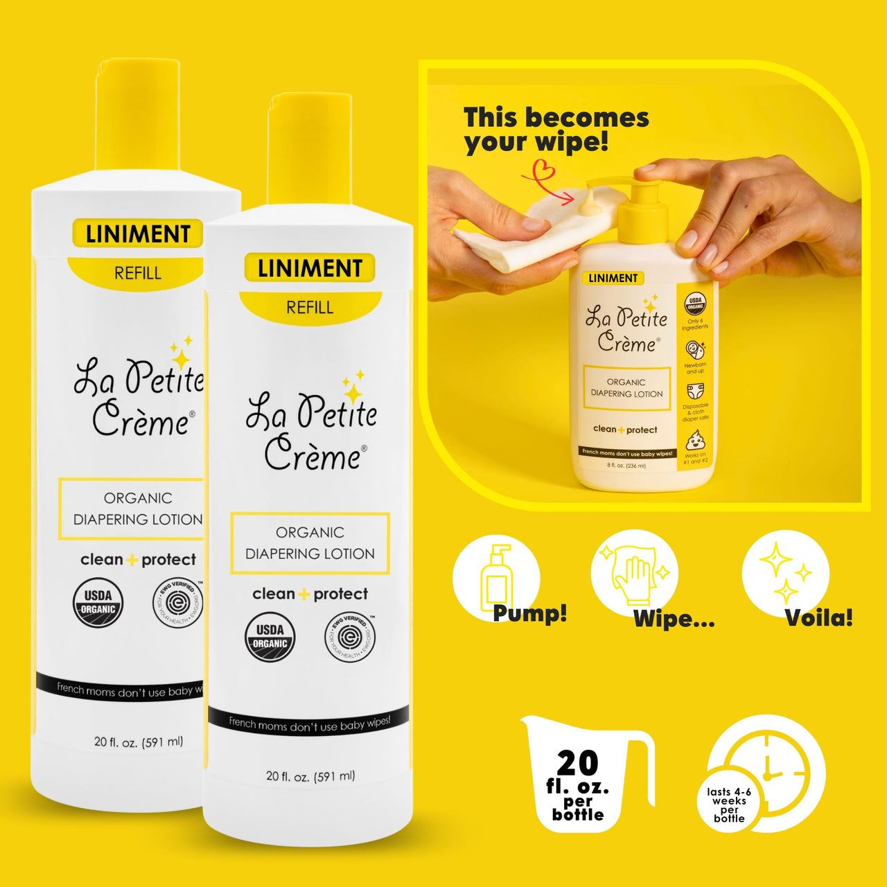 La Petite Creme French Premium Diapering Lotion - Diaper Cream Alternative to Baby Wipes - Moisturizer & Skin Cleanser - USDA Certified Organic Ingredients - Baby Essentials (2 Bottles of 20 oz)