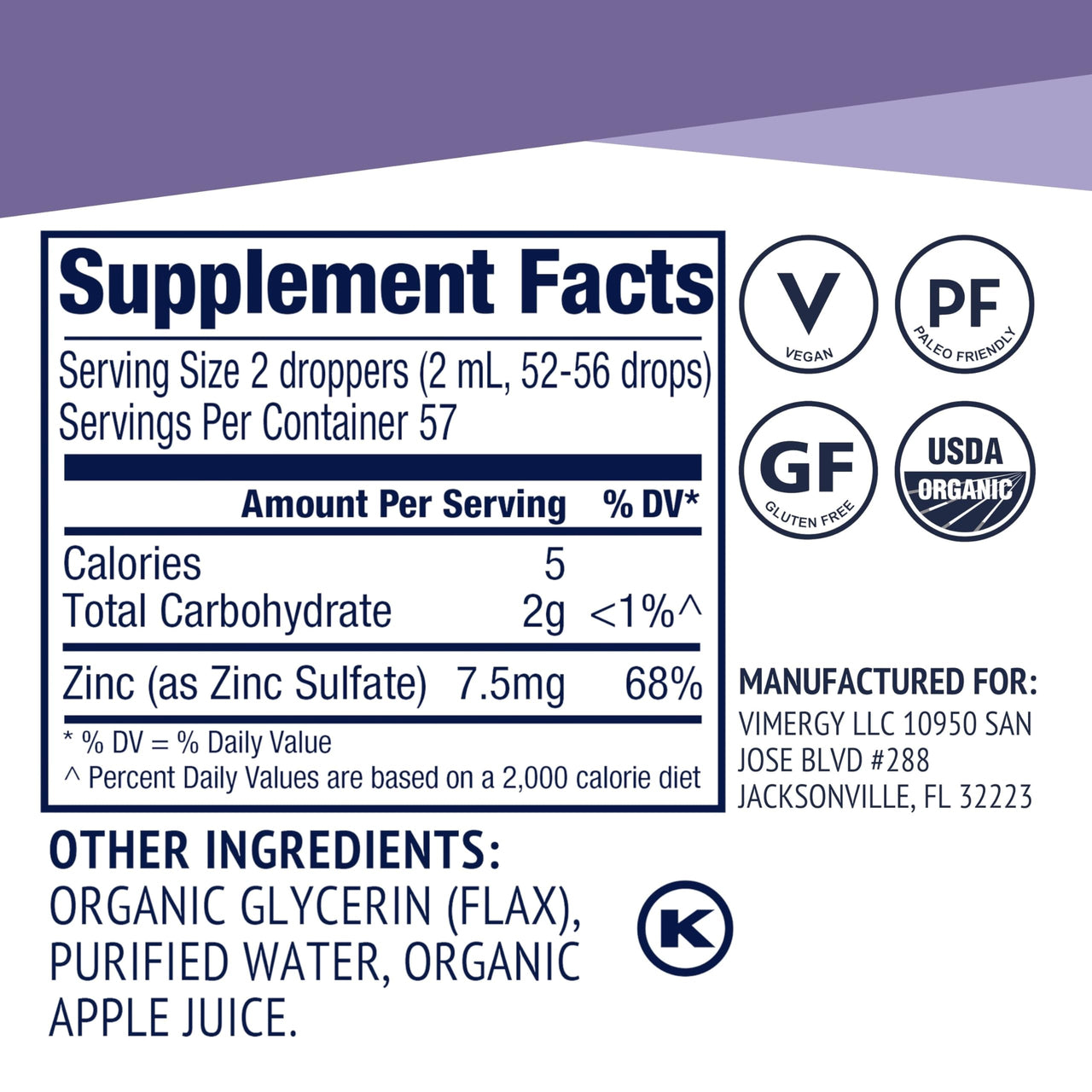 VIMERGY USDA Organic Zinc Supplements for Women & Men (7.5mg Liquid Zinc Per Serving) Fast-Absorbing Immune Support, Promotes Healthy Bones & Skin, Vegan, Up to 57 Servings (115 mL)