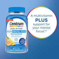 Thumbnail for Centrum MultiGummies Multi+ Dual Action Mental Focus Adult Multivitamin with Caffeine from Green Tea, Supports Mental Focus, Attention and Alertness, Lemon/Orange Flavors - 90 Count