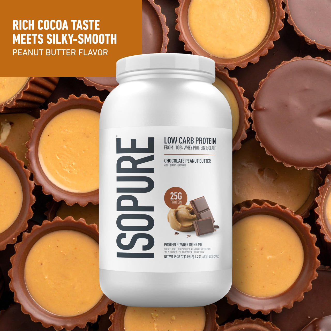 Isopure Low Carb 100% Pure Whey Isolate Protein Powder, Gluten Free, With Vitamins, Chocolate Peanut Butter, 25g Protein Per Serving, 3 Lbs, 40 Servings (Packaging May Vary)