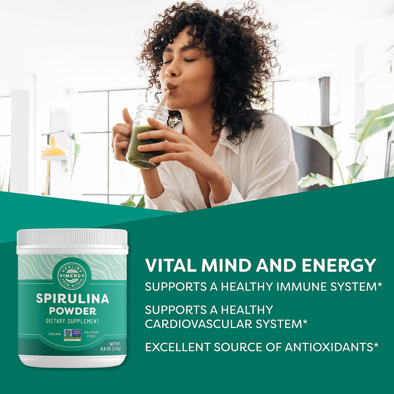 Vimergy Spirulina Powder – Concentrated Plant Protein Supports Immune Health & Cardiovascular Function – Vegan, Kosher, Gluten-Free – 250g