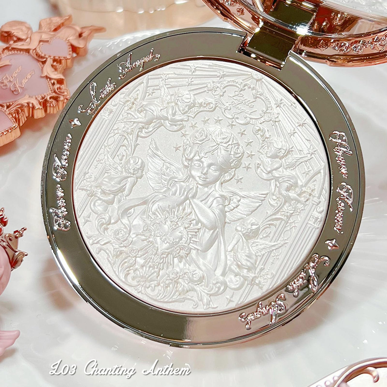 Flower Knows Little Angel Embossed Highlighter - Moonlight White Highlighter Powder,Long-Lasting Moonlight Glow,Creamy White&Subtle Warm Shimmer,Velvet & Weightless Finish(L03 Chanting Anthem)