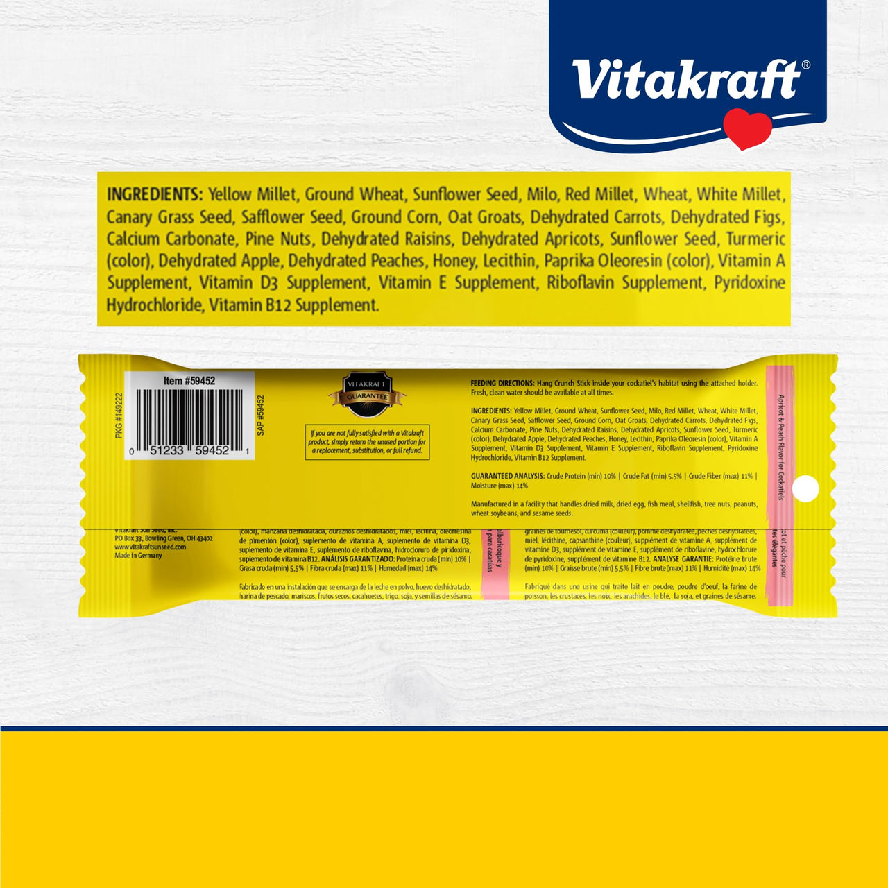 Vitakraft Crunch Sticks Cockatiel Treat Apricot Peach Flavor - Triple Baked Long Lasting Bird Treats with Natural Wood Chew Center for Beak Health and Enrichment - 3.5 oz.
