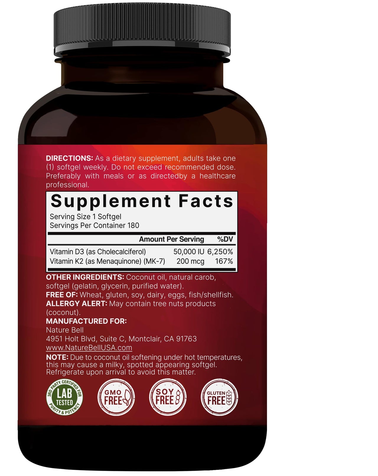NatureBell Vitamin D3 50,000 IU with Vitamin K2-180 Softgels - High-Potency Bone & Immune Support* - Easy Absorption with Coconut Oil - Non-GMO & Gluten-Free