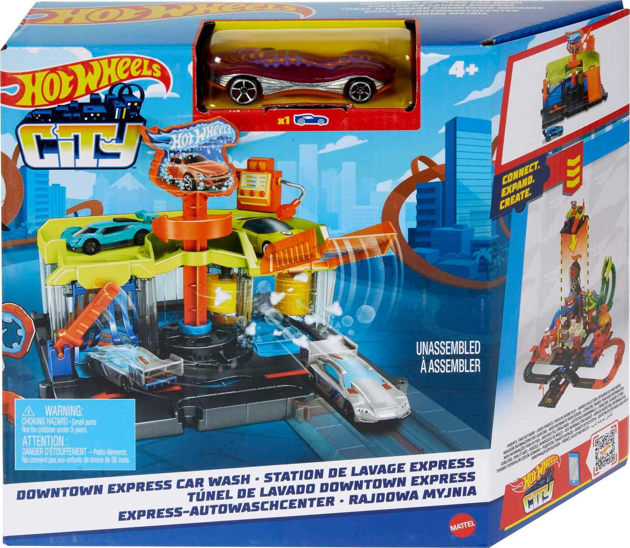 Hot Wheels City Toy Track Set, Downtown Express Car Wash Playset with 1:64 Scale Vehicle, Foam Roller & Drying Flaps