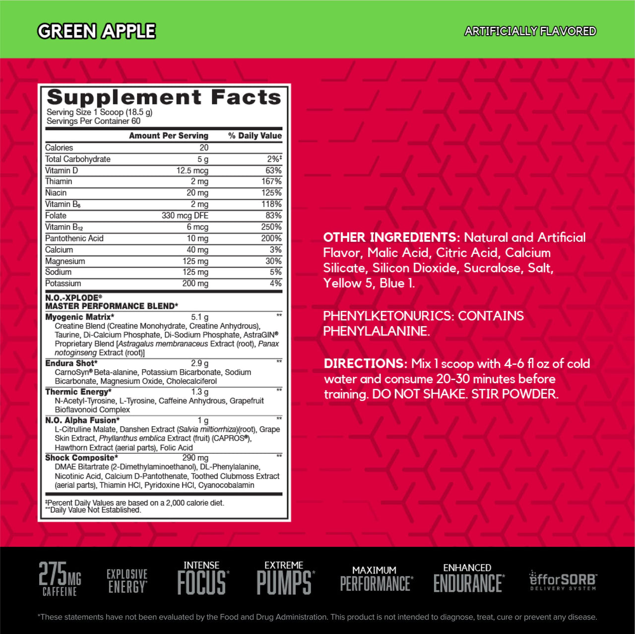 BSN N.O.-XPLODE Pre Workout Powder, Energy Supplement for Men and Women with Creatine and Beta-Alanine, Green Apple, 60 Servings, 2.45 Pound (Packaging May Vary)