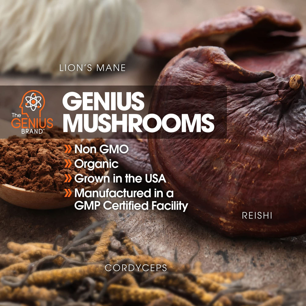 Genius Mushroom Supplement - Full-Spectrum Lion’s Mane, Cordyceps, Reishi -Daily Brain Nootropic for Energy, Focus, Memory & Overall Wellness - 90 Capsules – Organic for Mental Clarity & Performance