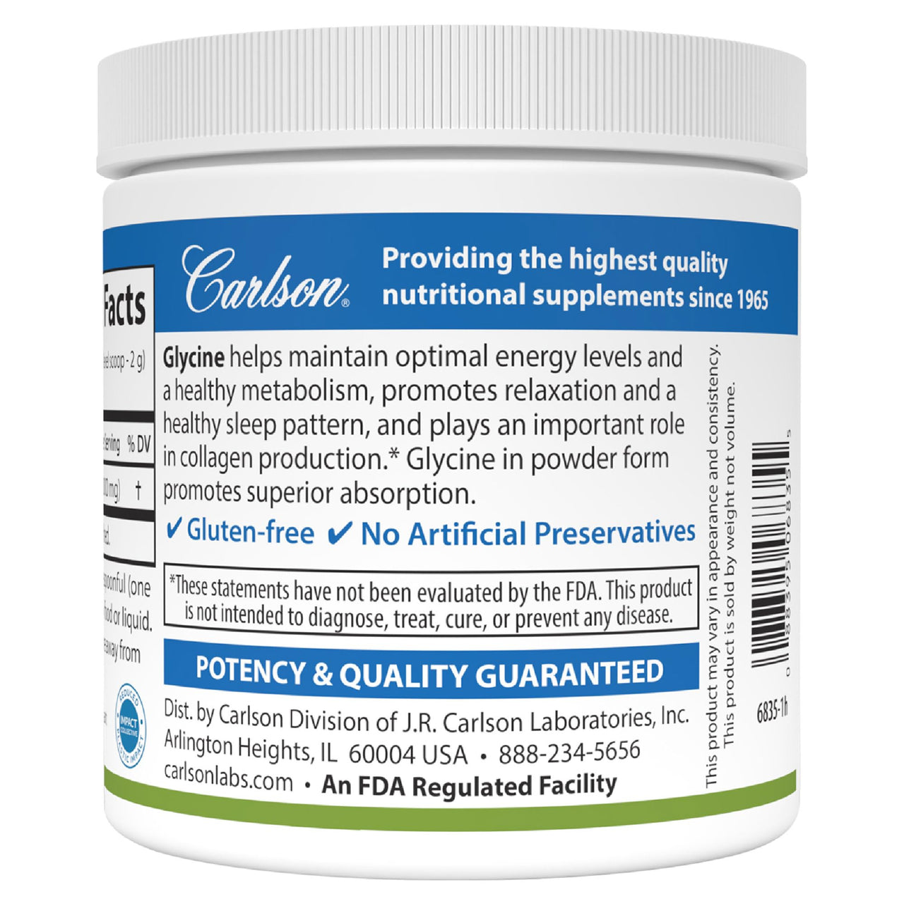 Carlson Glycine Powder 2000 mg, Amino Acid Supplement for Energy and Muscle Support, 3.53 oz (100 g)