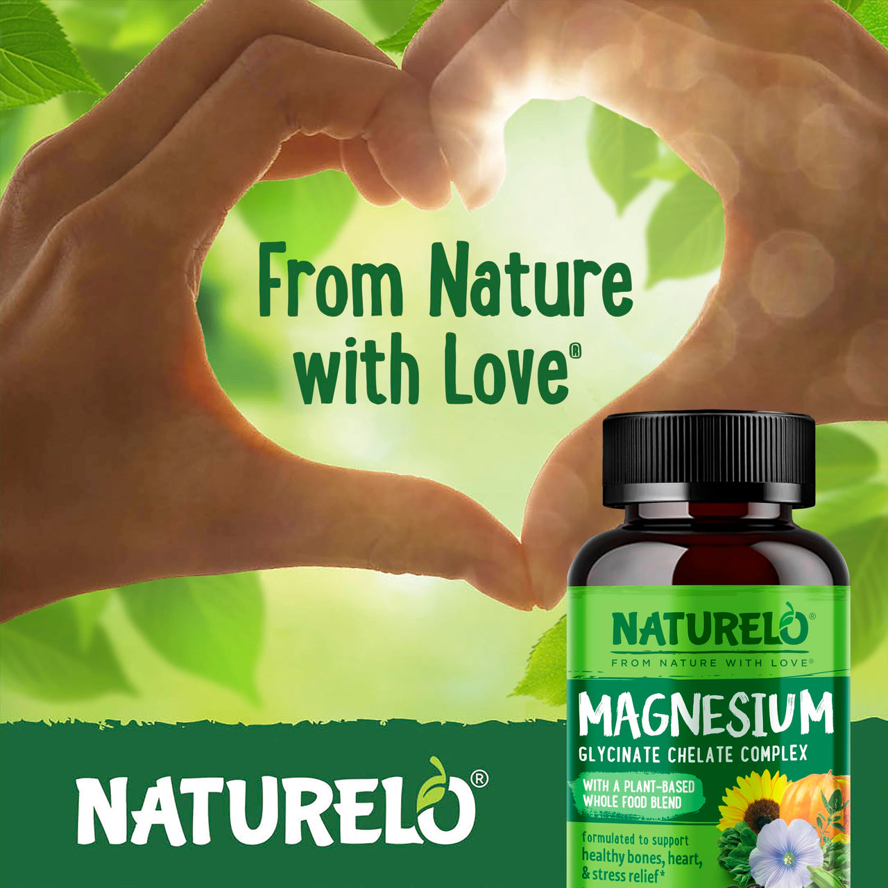 NATURELO Magnesium Glycinate Chelate Complex - 200 mg Magnesium with Organic Vegetables to Support Sleep, Calm, Muscle Cramp & Stress Relief - Gluten Free, Non GMO - 120 Capsules