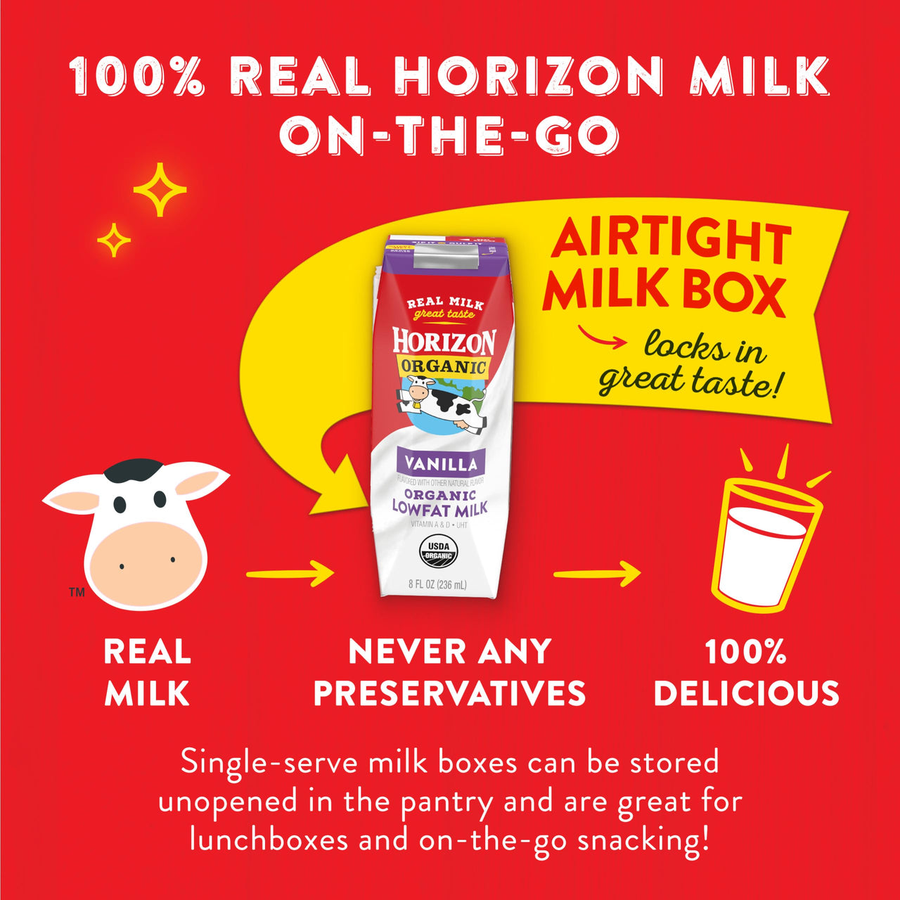 Horizon Organic Shelf Stable 1% Lowfat Vanilla Milk Boxes, 8 fl oz, 12 Count - 8g Protein per Serving, USDA Organic UHT from Pasture-Raised Cows, Ready to Drink for Lunchbox, Travel, or On-the-Go, No Refrigeration Needed