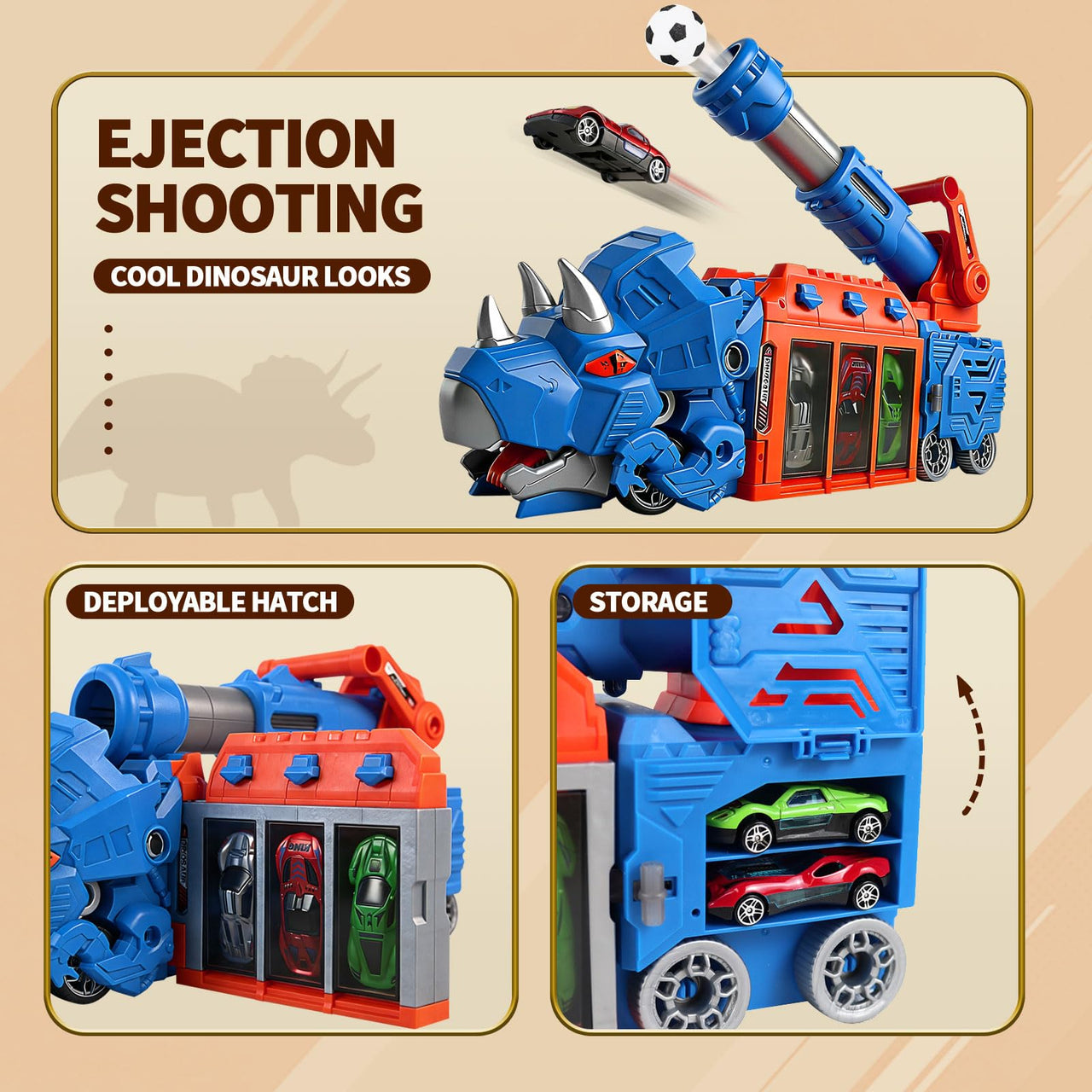 STBEIMEIMY Triceratops Dinosaur Truck, Foldable Storage & Shooting with 10 Cars Foldable Storage Holds 10 Cars & 12 Soft Balls, Sturdy Non-Toxic Build, Indoor & Outdoor Play