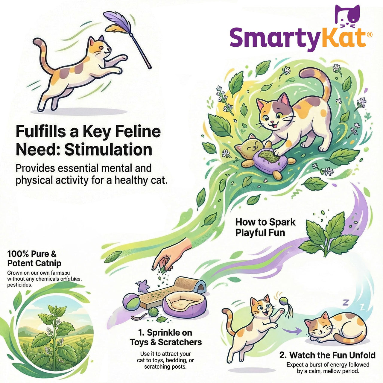 SmartyKat Natural Catnip Canister, 100% Natural Cat Nip for Cats, Premium Dried Catnip for Indoor Cats, Positive Training Aid for Play and Exercise, Resealable Shaker Bottle, 2 Ounces