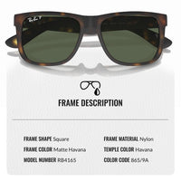 Thumbnail for Ray-Ban RB4165 JUSTIN CLASSIC POLARIZED Square Shaped Sunglasses for Men & Women – Includes Official Rayban Eyewear Kit – Ideal Formal & Casual Wear Sunglasses – Dark Green Lens