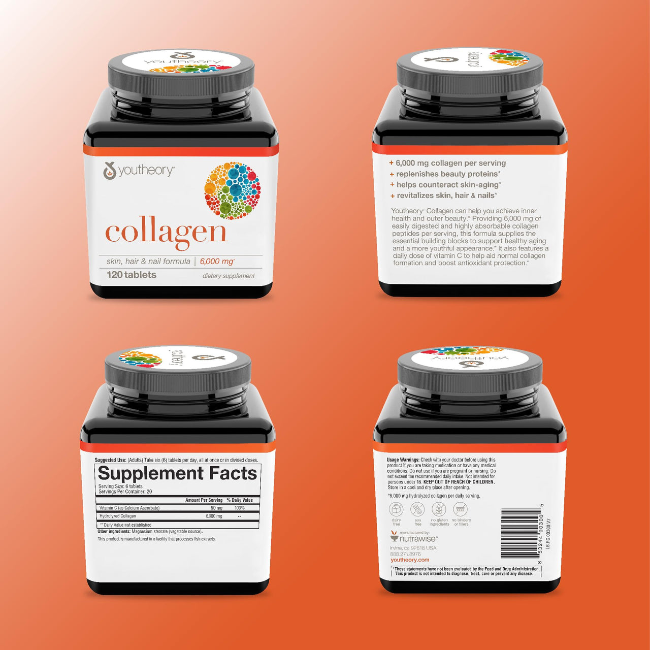 Youtheory Advanced Collagen - 6,000 mg - with Vitamin C - for Hair, Skin & Nails* - Collagen Supplements for Women and Men - 120 Tablets