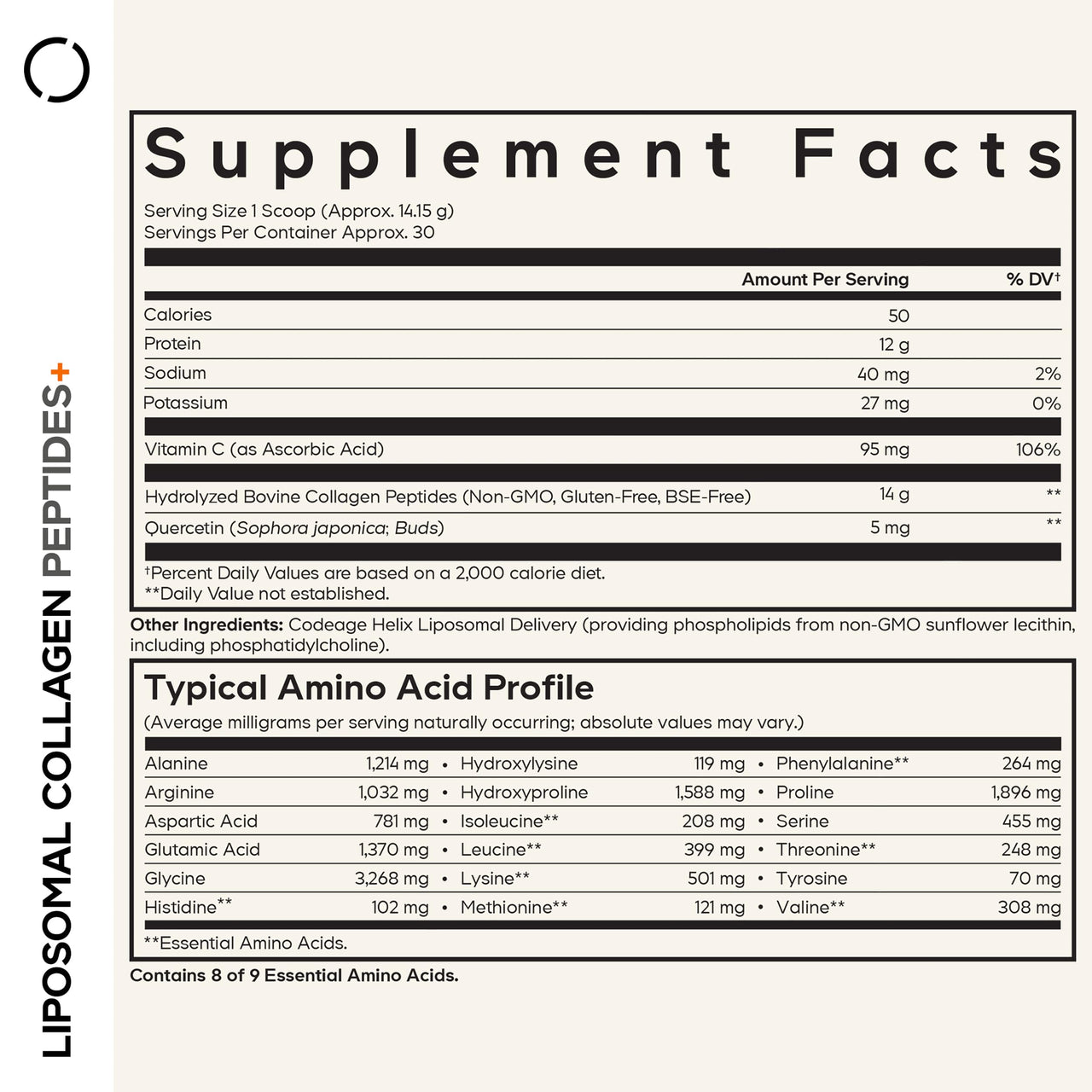 Codeage Liposomal Collagen Peptides Powder + Vitamin C & Quercetin, Phospholipid Complex, Grass-Fed Pasture-Raised Hydrolyzed Collagen Type I & III Supplement All-in-One, Non-GMO, 14.97 oz