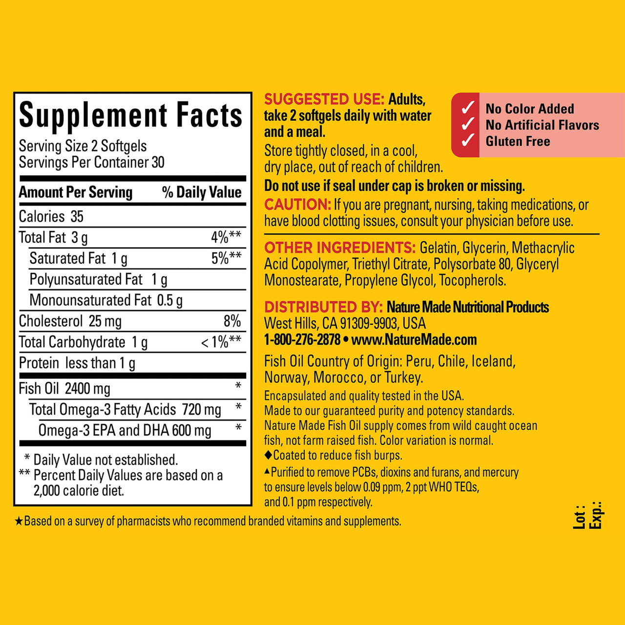 Nature Made Burp Less Fish Oil Omega 3 Supplements, 1200 mg Softgels, EPA DHA Omega 3 Fish Oil Supplements for Healthy Heart Support, 60 Softgels, 30 Day Supply