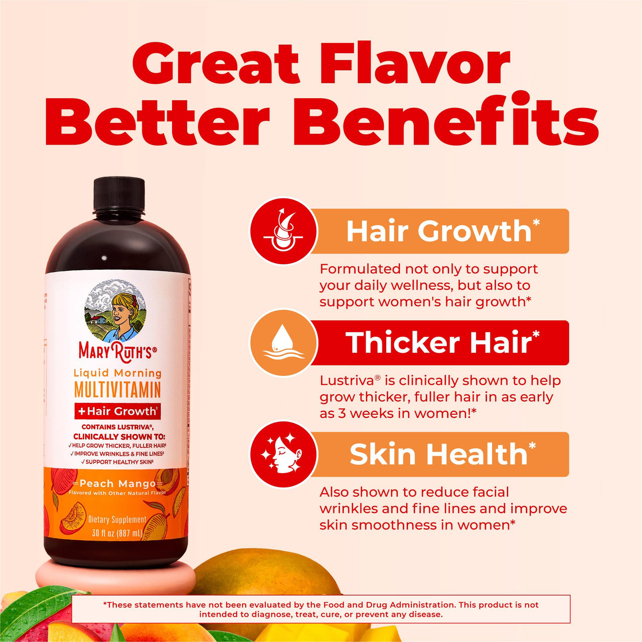 MARYRUTH'S Liquid Multivitamin+Hair Growth | Clinically Tested for Thicker Hair & Facial Wrinkles in Women | Biotin 10000mcg | Lustriva Hair Growth Supplement | Skin Care | Age 18+ | 30 Fl Oz