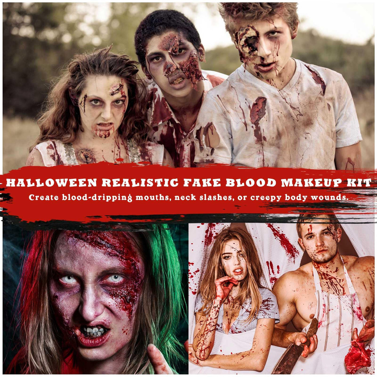 BOBISUKA 5PCS Halloween Fake Blood Kit – Dripping Fresh Blood, Dark Spray Blood, Coagulated Gel, Cleansing Soap, Stipple Sponge – Realistic Washable SFX Makeup for Zombie, Vampire Monster & Cosplay